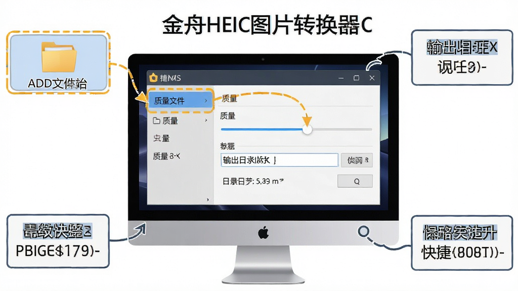 一张展示金舟HEIC图片转换器使用技巧的图片,主体为电脑屏幕上软件界面和旁边标注的操作小贴士文字框,布局采用中央软件截图加四周标注引线的排版,风格为教程图解风,细节包括添加文件夹按钮高亮、质量滑块、输出目录路径、快捷键提示,画质高清,干净,无多余元素