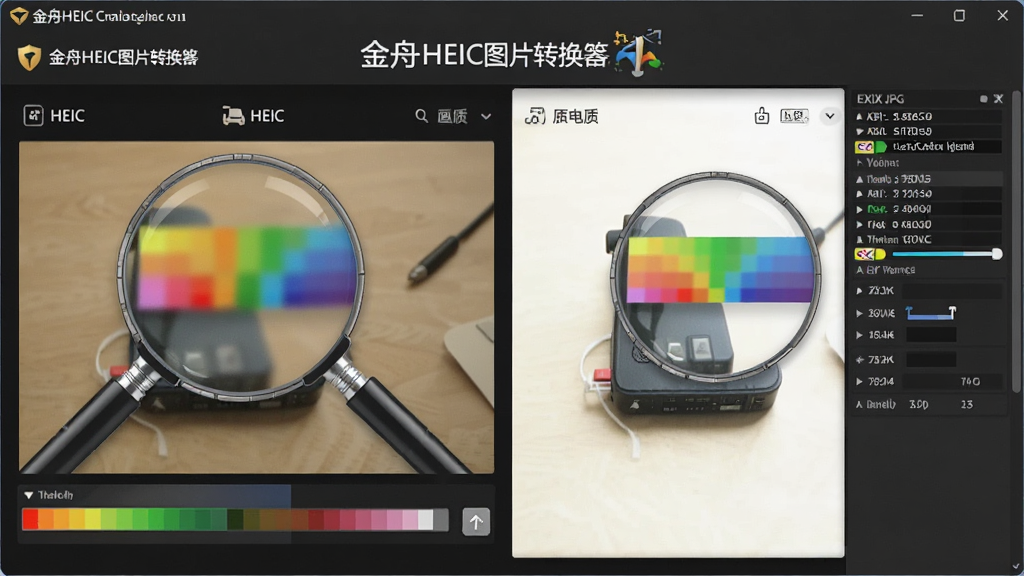 一张展示金舟HEIC图片转换器画质无损转换效果的图片,主体为左右对比的图片预览界面,布局采用左HEIC原图右JPG转换图的并排排版,风格为专业评测风,细节包括放大镜对比区域、色彩条、EXIF信息面板,画质高清,干净,无多余元素