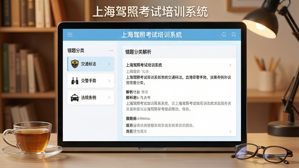 一张展示错题本功能的界面截图风格图,画面中央是“上海驾照考试培训系统”的错题管理界面,左侧显示错题分类列表,包括交通标志、交警手势、法规条例等类别,右侧展示一道错题及其解析,界面采用卡片式布局,配色以浅蓝和白色为主,屏幕旁边放着一杯茶和一副眼镜,背景是温馨的书房一角,画面干净整洁,无多余元素,高清画质,软件名称“上海驾照考试培训系统”以文字形式出现在界面顶部