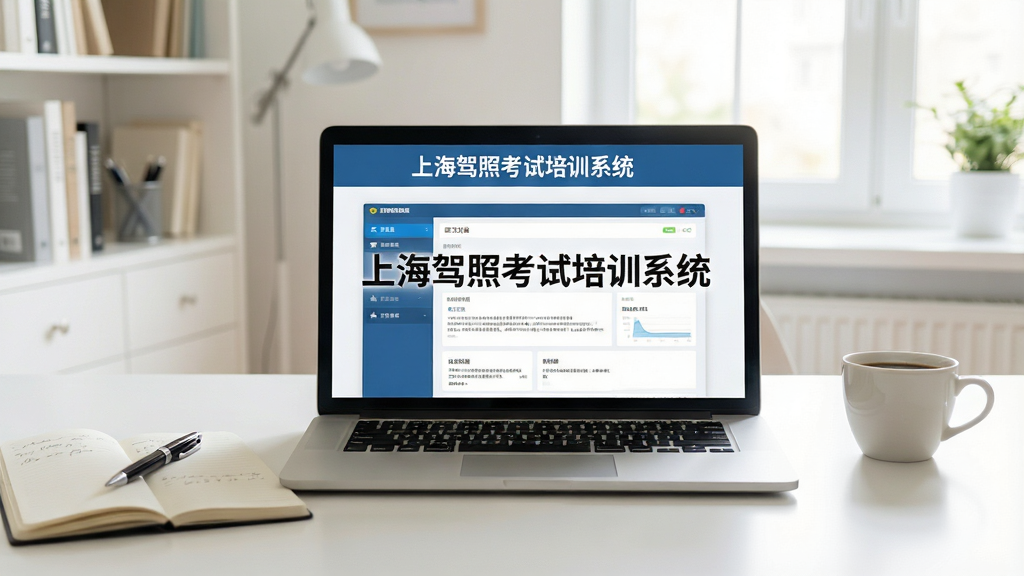 一张展示电脑桌面学习场景的图片,画面中央是一台打开的笔记本电脑,屏幕上显示“上海驾照考试培训系统”的练习界面,屏幕旁边放着一本笔记本和一支笔,桌面上还有一杯咖啡,背景是明亮的书房环境,窗户透进自然光,画面整体干净整洁,无多余元素,高清画质,软件名称“上海驾照考试培训系统”以文字形式出现在屏幕界面中