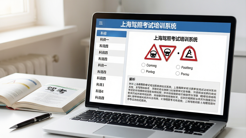 一张展示驾考题库界面的特写图,画面中央是一台笔记本电脑屏幕,屏幕上显示“上海驾照考试培训系统”的题库练习界面,左侧列表展示科目一和科目四的章节分类,右侧显示一道交通标志识别题及四个选项,题目下方有详细的文字解析区域,屏幕旁边放着一本翻开的驾考教材和一支笔,背景是整洁的书桌,光线从左侧照入,画面干净清晰,无多余元素,高清画质,软件名称“上海驾照考试培训系统”以文字形式出现在界面顶部标题栏