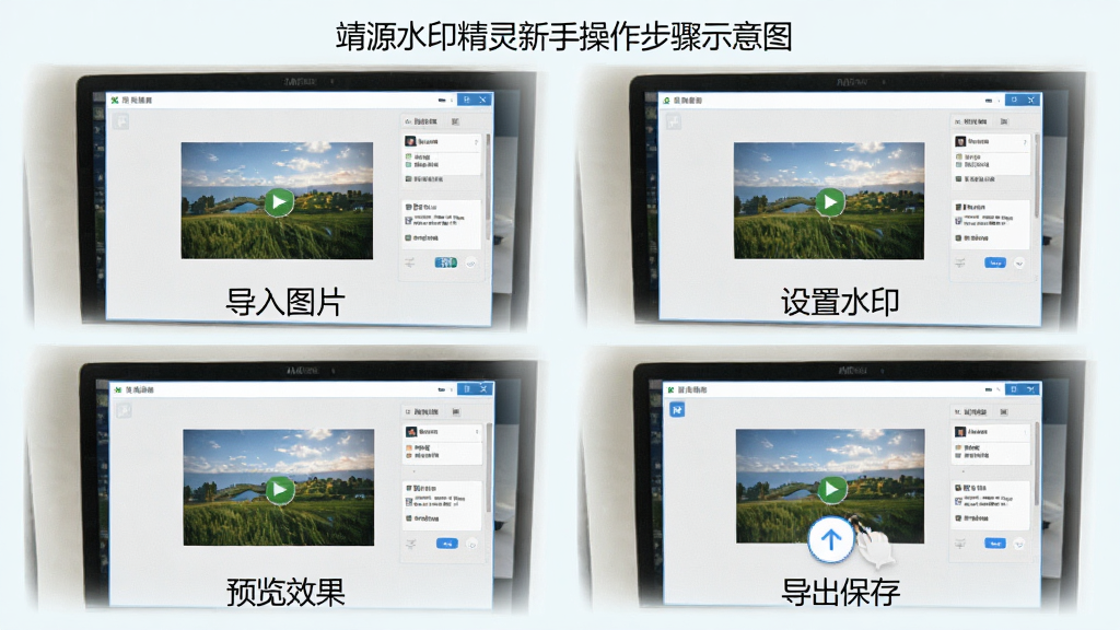 靖源水印精灵新手操作步骤示意图,画面展示电脑屏幕上软件操作流程的四个步骤截图,分别为导入图片、设置水印、预览效果、导出保存,每个步骤配有简洁的文字标注,整体风格清新易懂,画质清晰,无多余元素