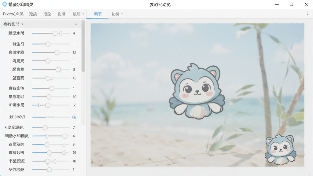 靖源水印精灵实时预览功能界面图,画面中软件窗口左侧为参数调节区,右侧大图区域实时显示添加水印后的照片效果,水印位于图片右下角,画面整体明亮通透,风格清新简洁,画质高清,无多余元素