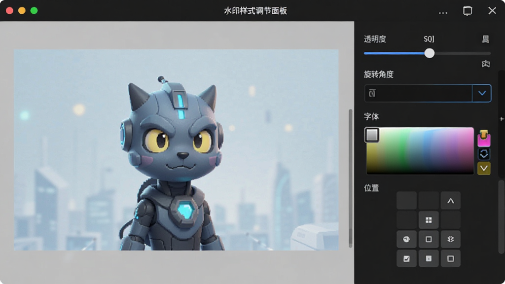 靖源水印精灵水印样式调节面板展示图,画面展示软件右侧参数设置区域,包含透明度滑块、旋转角度输入框、字体颜色选择器与位置九宫格按钮,左侧为实时预览图片,整体风格科技简约,画质清晰,无多余元素
