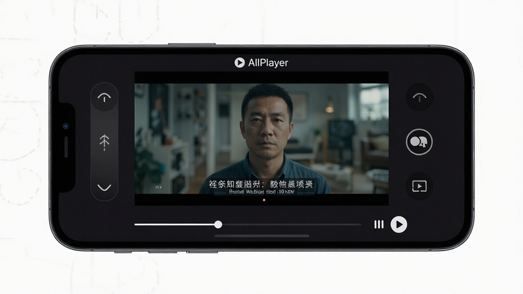 AllPlayer �ƶ��˲��Ž���չʾ������Ϊ�ֻ���Ļ�к��򲥷ŵ���Ƶ���棬��������Ϊ���ƿ���������ʾ���·�Ϊ�������벥�Ű�ť���Ű�����ȫ���������Ϊ��ɫ����ʽ���Ž��棬ϸ�ڰ�����Ļ��ʾ�������л�ͼ�꣬���� 1080P ���壬����ɾ����޶���Ԫ��