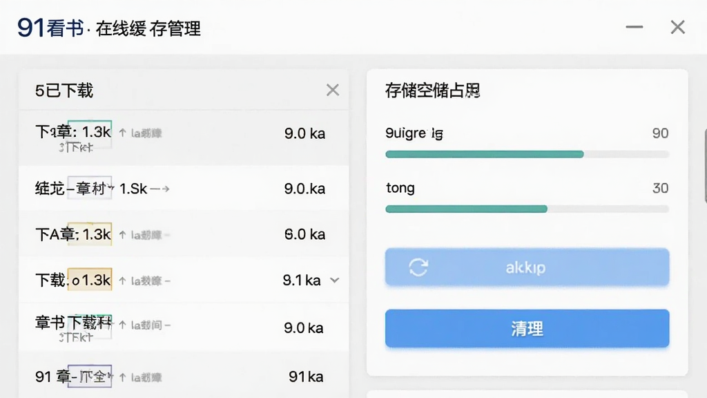 91看书离线缓存管理界面,画面显示已下载章节列表和存储空间占用情况,带有进度条和清理按钮,界面简洁,浅灰背景,排版整齐,画质清晰干净