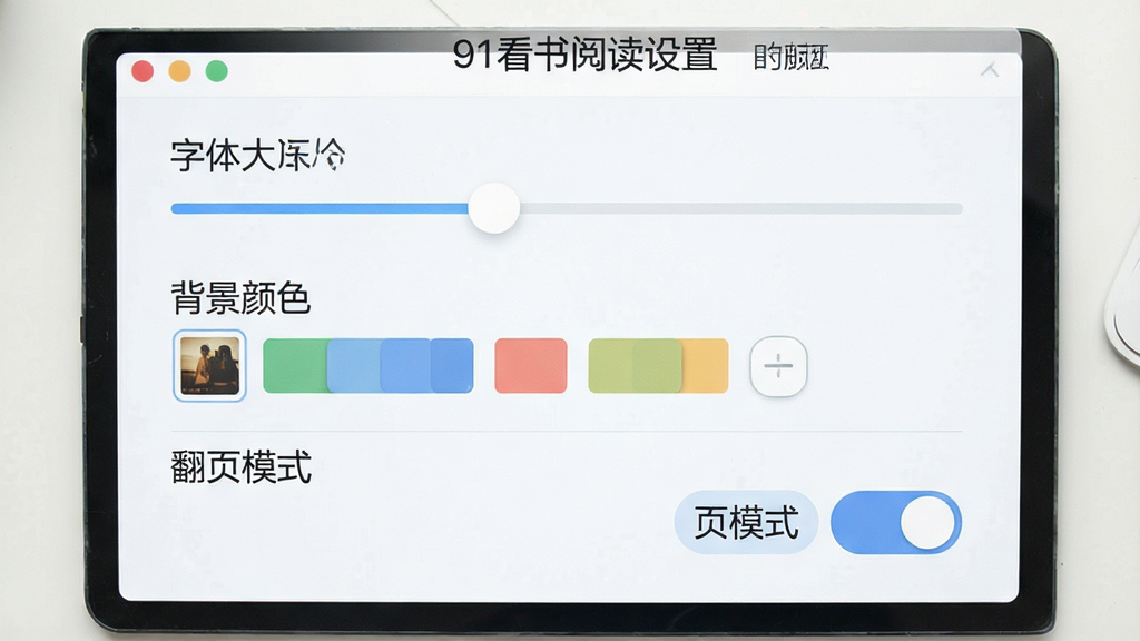 91看书阅读设置面板展示,画面中显示字体大小调节滑块、背景颜色选项和翻页模式切换按钮,界面布局清晰,功能区域划分明确,浅色风格,画质干净无多余元素