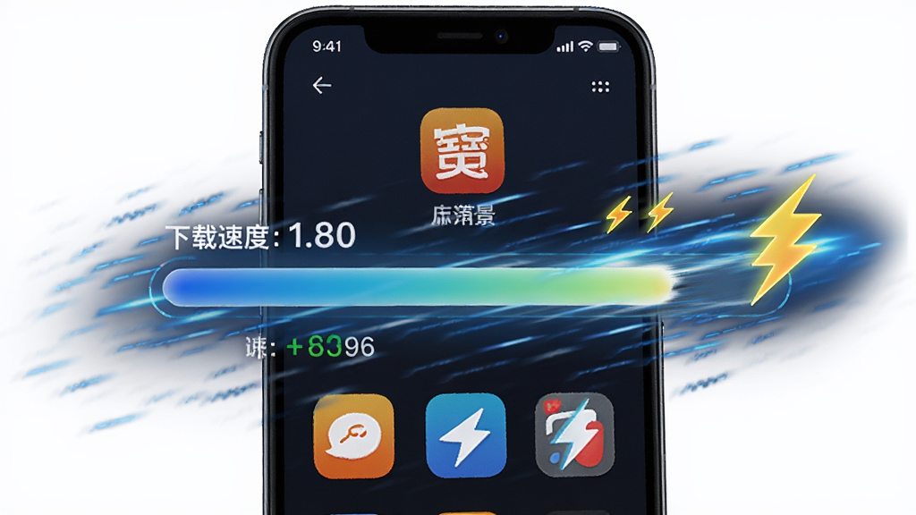 应用宝高速下载场景展示,主体为手机屏幕显示应用宝下载进度条飞速前进,布局为居中大进度条与周围速度线条,排版突出速度感,风格为动感科技风,细节包含下载速度数值、应用图标、闪电符号,画质高清,干净,无多余元素