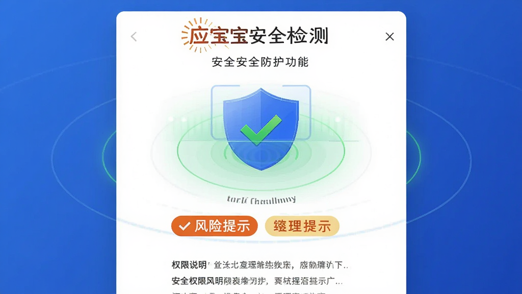 应用宝安全防护功能界面,主体为应用宝安全检测页面,布局为盾牌图标居中、周围环绕扫描光线,排版简洁明了,风格为安全可信风,细节包含绿色对勾、风险提示标签、权限说明文字,画质高清,干净,无多余元素