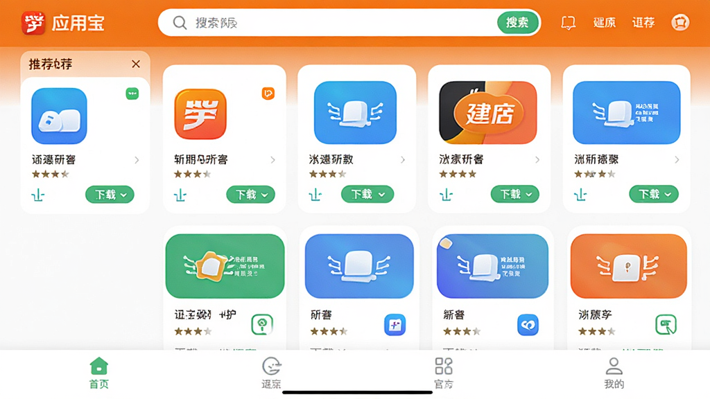 应用宝官方界面全貌展示,主体为应用宝软件主界面,布局包含顶部搜索栏、中部推荐应用卡片、底部导航菜单,排版清晰整齐,风格为现代科技简约风,细节包含多个应用图标、下载按钮、评分星级,画质高清,干净,无多余元素