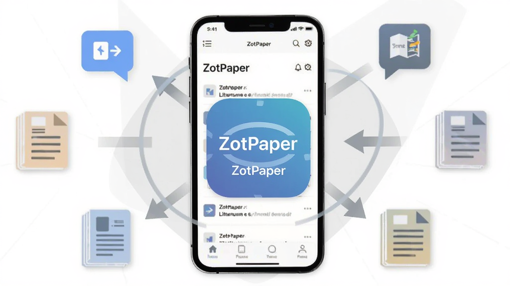 画面中央为 ZotPaper 软件图标与手机界面组合展示,手机屏幕显示文献管理主界面,周围环绕同步箭头、翻译气泡、文献图标等元素,背景为白色与浅灰色搭配,布局为居中放射状,风格为简约科技插画,细节包含软件名称“ZotPaper”字样,画质高清,干净,无多余元素