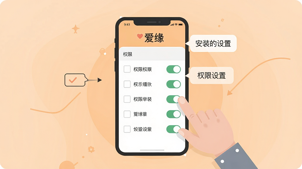 一张以“爱缘”安装与权限设置为主题的教程示意图,画面主体为手机屏幕展示权限开关列表,旁边配有手指点击的示意动作,背景为浅橙色柔和渐变,布局居中,风格扁平化教程插画,细节包括勾选框与提示气泡,画质清晰,画面干净,无多余元素