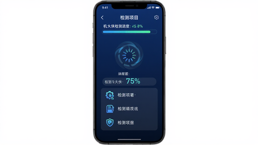 一部手机屏幕显示机大侠检测进度条界面,画面中有旋转的加载动画和检测项目文字,背景为深蓝色渐变,布局为居中展示,风格为科技感UI设计,细节包含进度百分比和检测项图标,画质清晰,画面干净,无多余元素