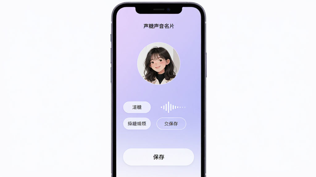声糖声音名片编辑界面,画面展示手机屏幕内有一个圆形头像和声波图标,旁边有标签选项和保存按钮,背景为淡紫色渐变,风格简约清新,画质干净,无多余元素