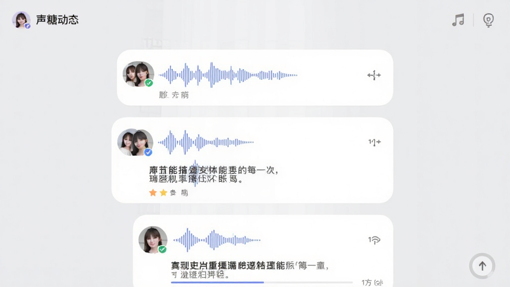 声糖动态广场界面,画面展示瀑布流式的动态卡片,每张卡片包含用户头像、语音波形和文字内容,背景为浅灰色,风格清爽,画质干净,无多余元素