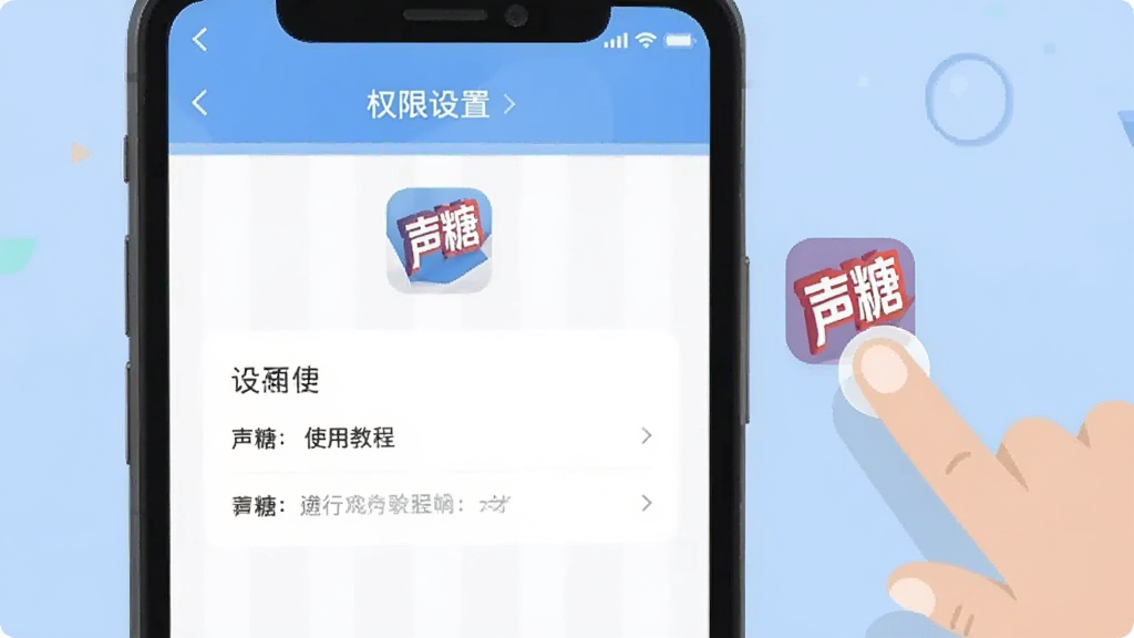 声糖移动端使用教程示意图,画面展示一部手机屏幕内显示权限设置界面和声糖图标,旁边有手指点击操作的示意,背景为浅蓝色,风格扁平化,画质干净,无多余元素