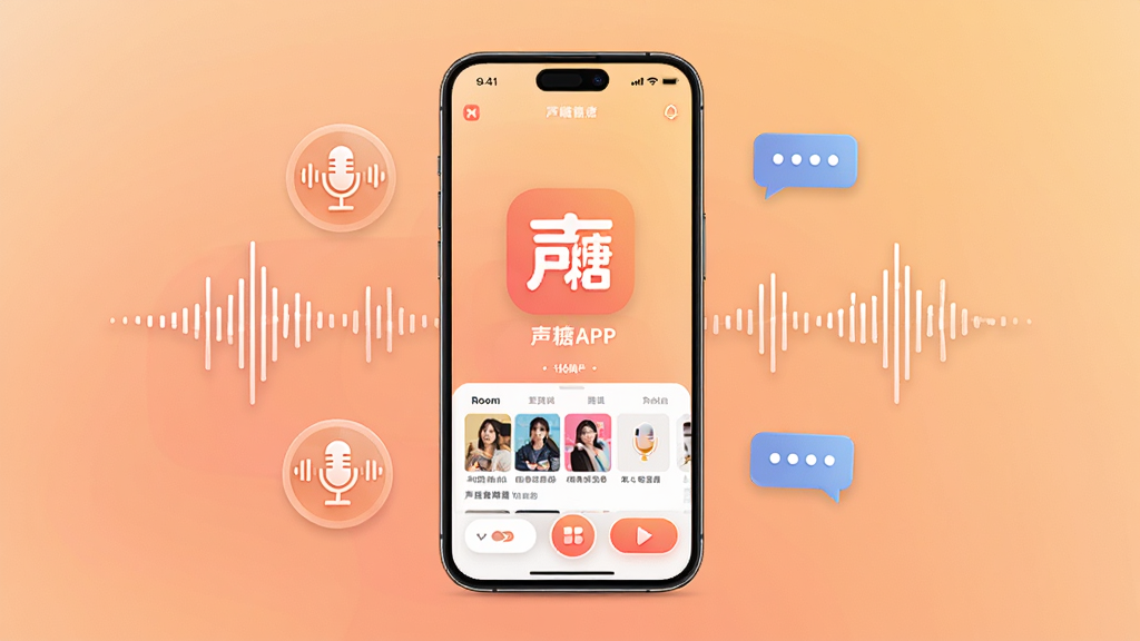 一张展示声糖APP整体界面的手机预览图,画面中央是一部现代智能手机,屏幕内显示声糖应用的主页,底部有房间列表和功能按钮,周围环绕着声音波形、麦克风图标和聊天气泡元素,背景为柔和的渐变暖色调,风格简洁明快,细节清晰,画质干净,无多余元素