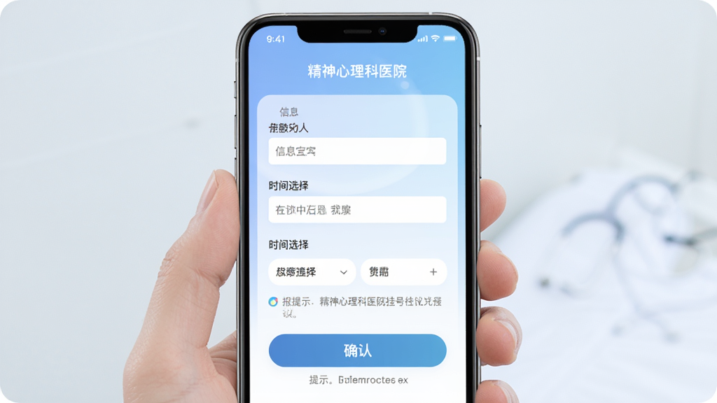 精神心理科医院挂号软件预约确认界面,手机屏幕显示就诊人信息填写与时间选择,背景为柔和蓝色渐变,风格现代简洁,排版上下结构,细节有确认按钮与提示文字,画质清晰无杂乱元素