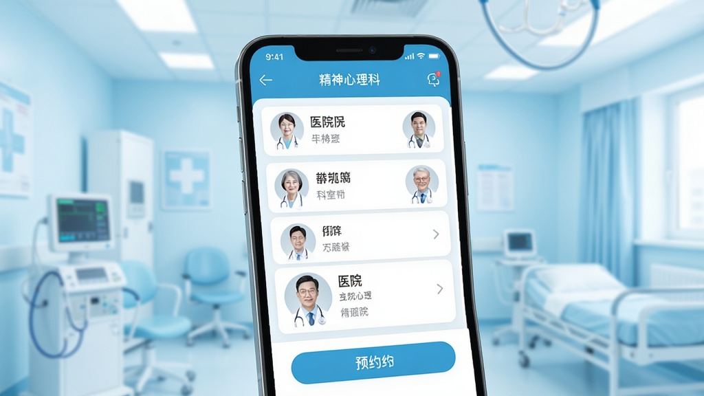 精神心理科医院挂号软件主界面展示,画面中央是一部智能手机,屏幕显示医院列表与科室分类,背景为淡蓝色医疗风格,主体突出手机界面布局,排版简洁,风格写实科技感,细节包含医院名称、医生头像、预约按钮,画质清晰干净无多余元素