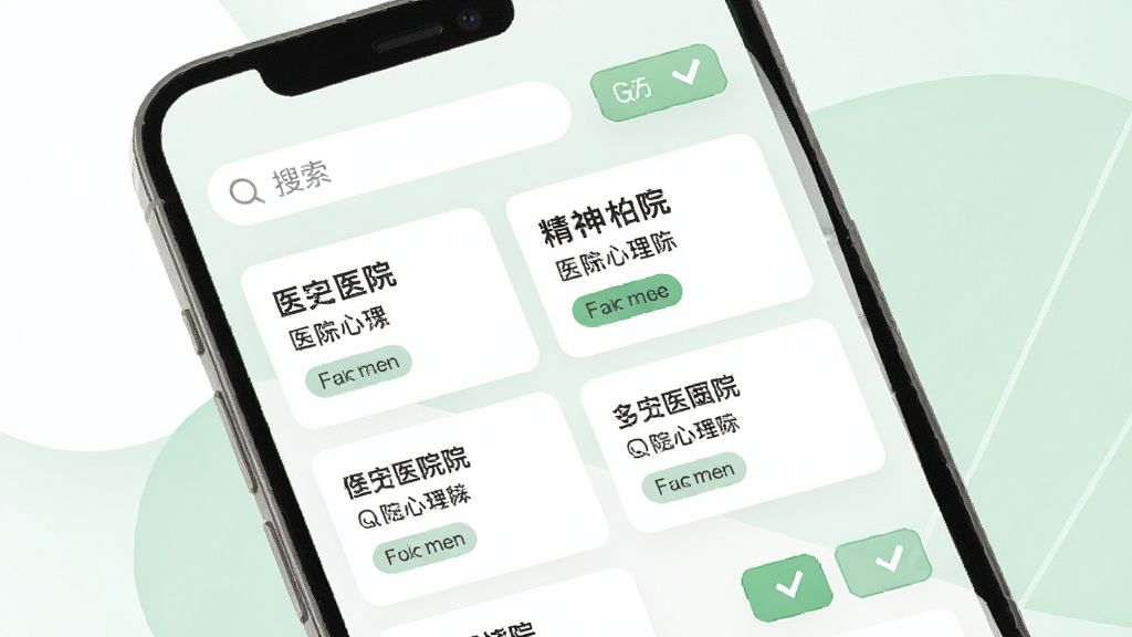 精神心理科医院挂号软件医院列表页面,画面展示手机屏幕内多家医院卡片式排列,包含医院名称与科室标签,背景为白色与浅绿色搭配,风格清新简约,排版整齐,细节有搜索框与筛选按钮,画质干净清晰