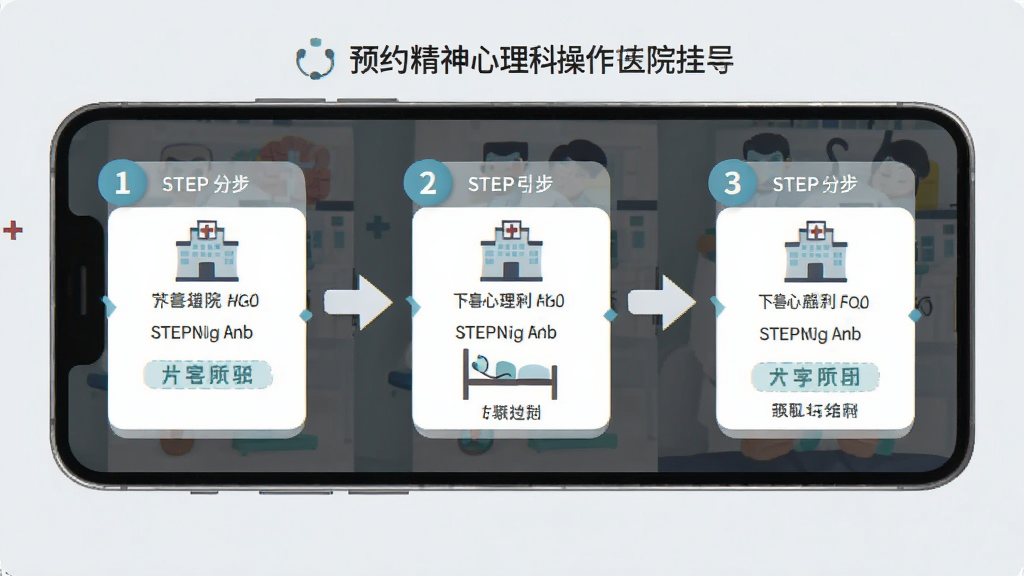 精神心理科医院挂号软件移动端操作示意图,画面展示手机屏幕内预约步骤分步引导,背景为浅灰色与白色,风格扁平化教学风格,排版清晰有序,细节有步骤序号与箭头指示,画质干净整洁