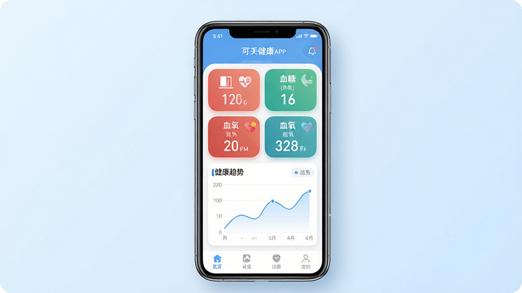 一张展示可孚健康APP核心界面的图片,主体为一部智能手机,屏幕显示可孚健康应用首页,包含血压、血糖、血氧等健康指标卡片和趋势图表,背景为干净的浅蓝色渐变,布局居中,风格简洁现代,细节包括圆角图标、清晰的数据数字和柔和的阴影,画质高清,干净,无多余元素。