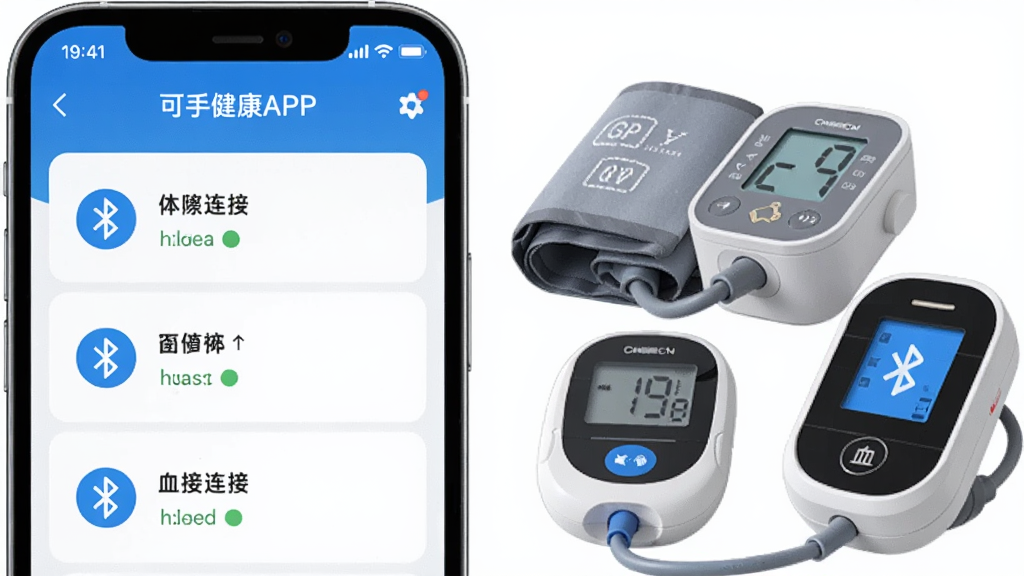 一张展示可孚健康APP多设备连接功能的图片,主体为手机屏幕显示设备连接列表,旁边放置可孚血压计、血糖仪、血氧仪等硬件产品,布局为左侧手机右侧设备,风格为科技健康风,细节包括蓝牙图标、设备名称和连接状态,画质清晰,干净,无多余元素。