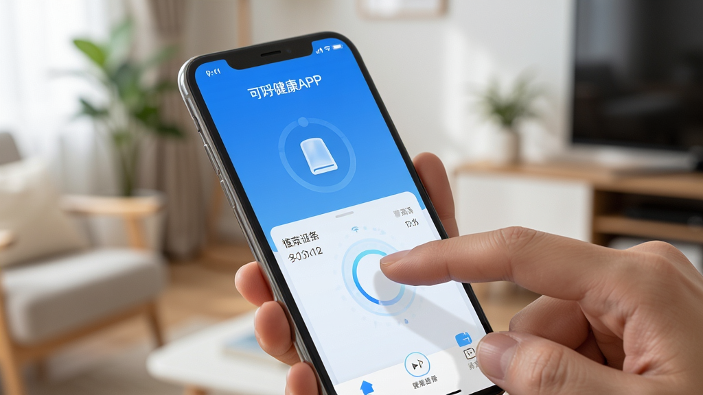 一张展示可孚健康APP在手机上运行流畅的图片,主体为手持手机显示应用界面,背景为居家环境,布局为近景特写,风格为生活化科技风,细节包括手指滑动屏幕、界面响应动画,画质清晰,干净,无多余元素。