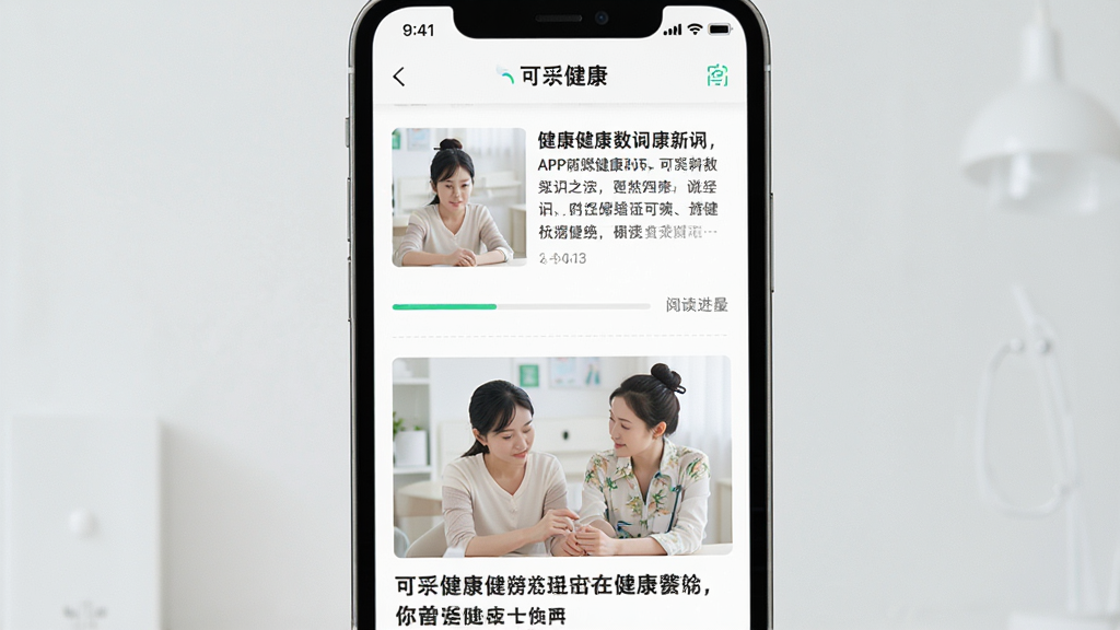 一张展示可孚健康APP健康知识科普页面的图片,主体为手机屏幕显示健康文章列表和图文内容,布局为上下滚动式信息流,风格为清新阅读风,细节包括文章标题、配图、阅读进度条,画质高清,干净,无多余元素。