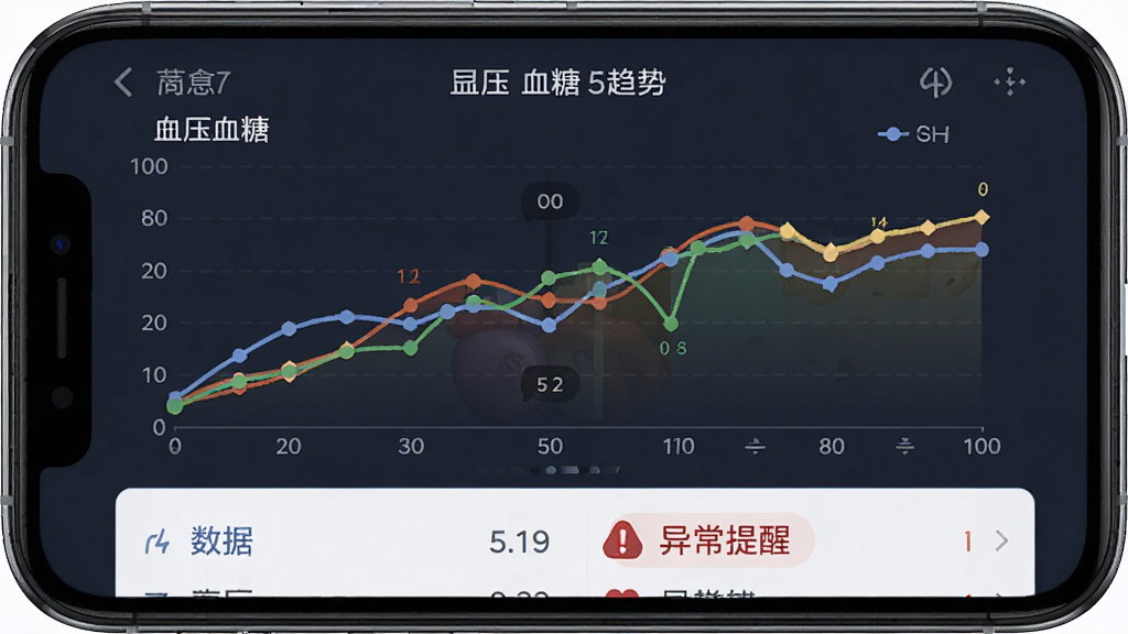 一张展示可孚健康APP趋势分析功能的图片,主体为手机屏幕显示血压和血糖的折线趋势图,图表下方有数据列表和异常提醒标识,布局居中,风格为数据可视化健康风,细节包括坐标轴、数据点、颜色区分,画质高清,干净,无多余元素。