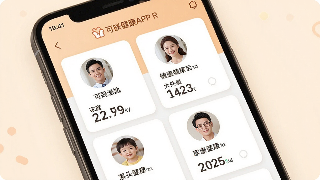 一张展示可孚健康APP家庭健康档案功能的图片,主体为手机屏幕显示多个家庭成员头像和各自健康数据摘要,布局为卡片式排列,风格温馨家庭健康风,细节包括头像、姓名、指标数值,画质清晰,干净,无多余元素。