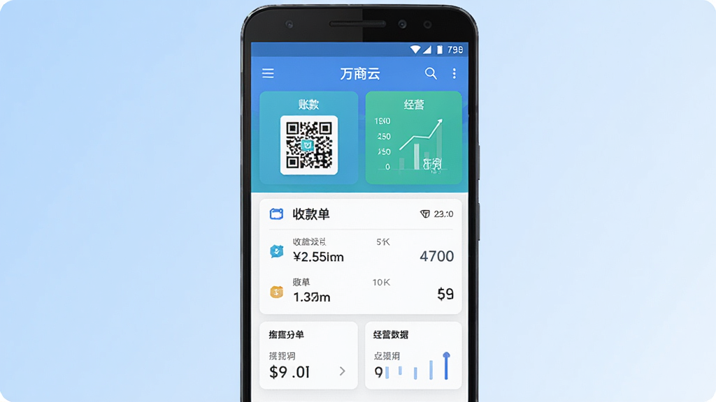 万商云手机应用主界面展示,画面中央是一部安卓手机,屏幕内呈现收款码、账单列表与经营数据卡片,背景为浅蓝色渐变,布局简洁清晰,风格为扁平化商务科技风,细节包含图标、数字与图表元素,画质高清,干净,无多余元素