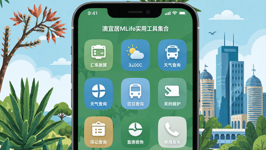 澳宜居MLife实用工具集合界面,手机屏幕展示汇率换算、天气查询、公交查询等工具图标网格布局,背景为澳大利亚特色植物与城市建筑融合的插画,风格清新自然,绿色与蓝色搭配,界面友好,高画质,干净整洁