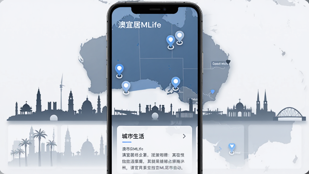 澳宜居MLife多城市切换界面,手机屏幕显示澳洲地图上多个城市标记点,下方为城市生活指南内容卡片,背景为澳大利亚地图轮廓与城市地标剪影,风格简洁商务,蓝灰配色,界面清晰,高画质,无多余元素