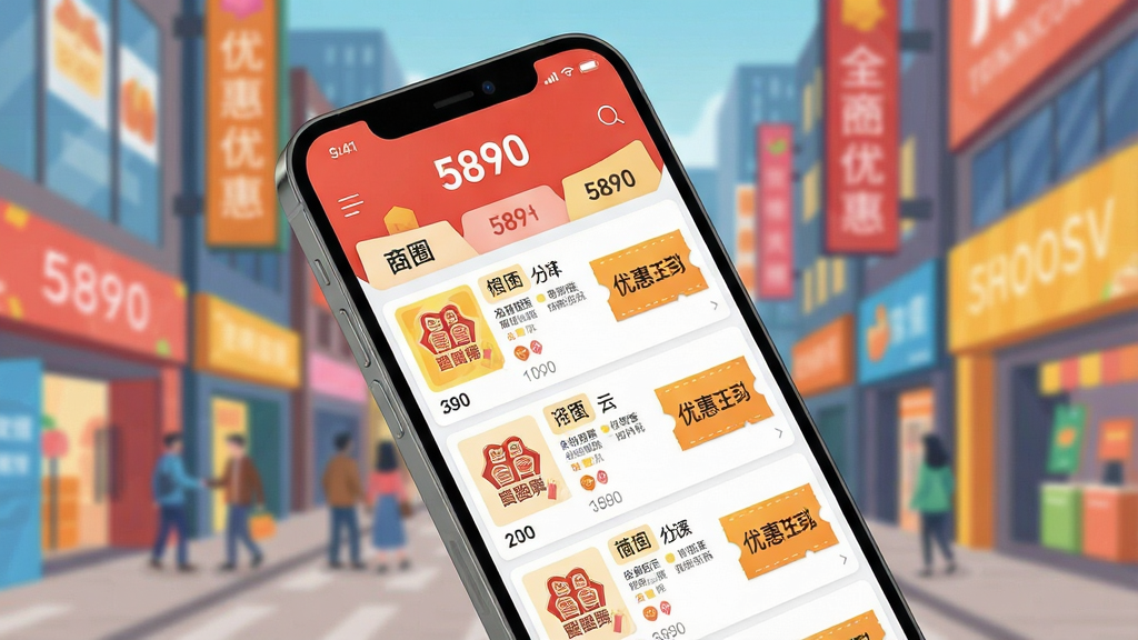 一张展示周边商圈优惠的手机界面概念图,画面主体是一部手机,屏幕显示“5890”的商圈页面,页面中有商家列表和优惠券图标。布局上手机倾斜放置,背景是繁华的商业街景。排版具有层次感,风格为现代扁平化设计,色彩鲜艳活泼。细节上手机屏幕内的“5890”和优惠标签清晰,画质干净,无多余元素,突出优惠聚合的便利性。