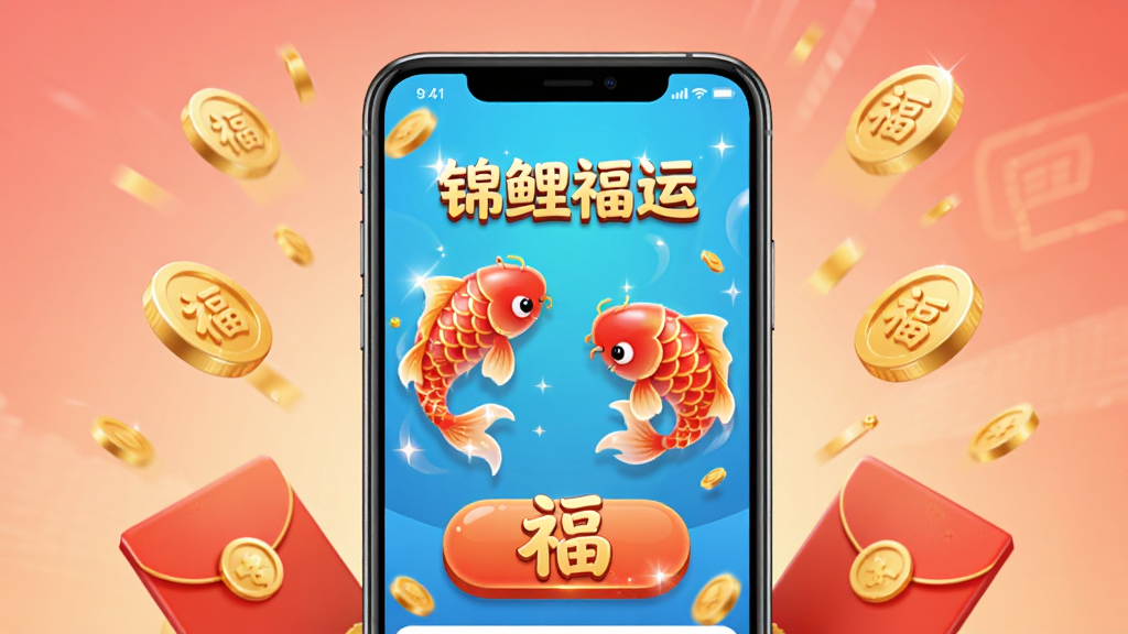 画面中央放置一部智能手机,屏幕显示“锦鲤福运”应用界面,界面中有红色锦鲤游动动画和金色福字按钮,手机周围散落金币和红包元素,背景为浅红色渐变,整体布局居中对称,风格喜庆卡通,细节包含锦鲤鳞片光泽和红包烫金纹理,画质高清,干净,无多余元素