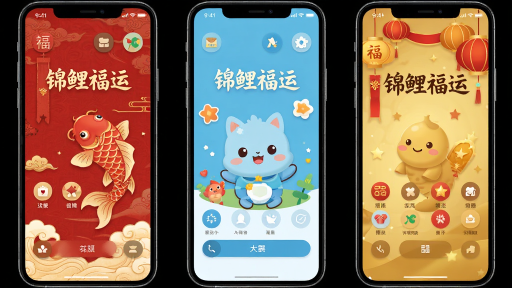 画面展示三款不同风格的手机主题界面并排排列,左侧为国风红色锦鲤主题,中间为清新蓝色卡通主题,右侧为金色节日主题,每款界面均有“锦鲤福运”文字标识,布局为横向三栏,风格扁平化设计,细节包含界面图标和按钮样式,画质高清,干净,无多余元素