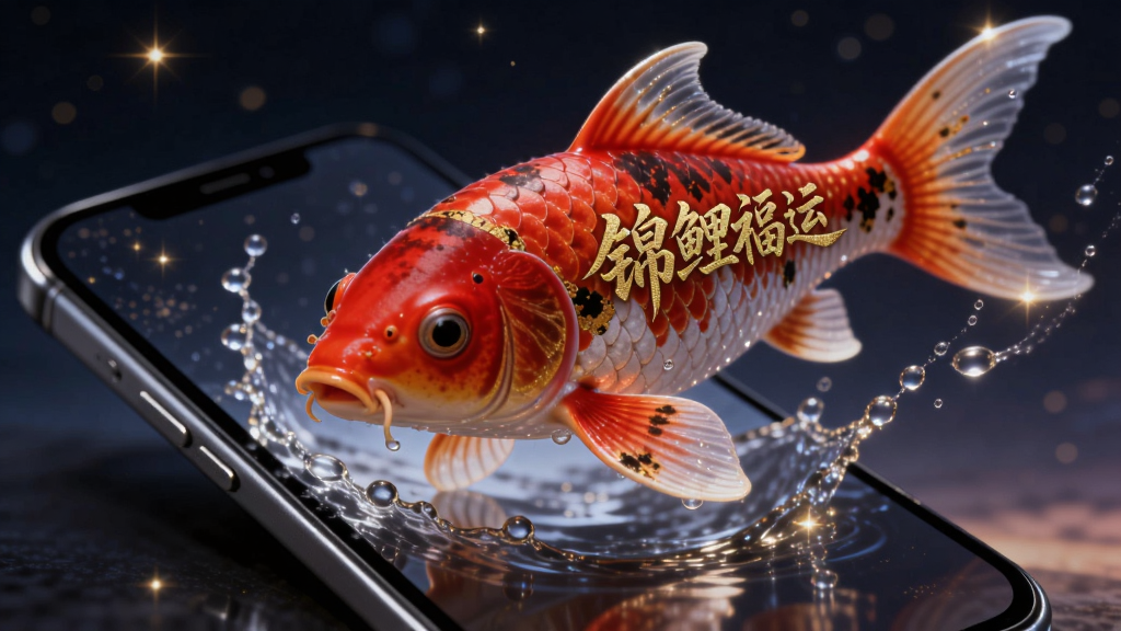 画面主体为一条巨大的红色锦鲤从手机屏幕中跃出,锦鲤身上带有金色“锦鲤福运”字样,背景为深蓝色夜空和金色星光,布局采用对角线构图,风格梦幻写实,细节包含水花飞溅和光晕效果,画质高清,干净,无多余元素