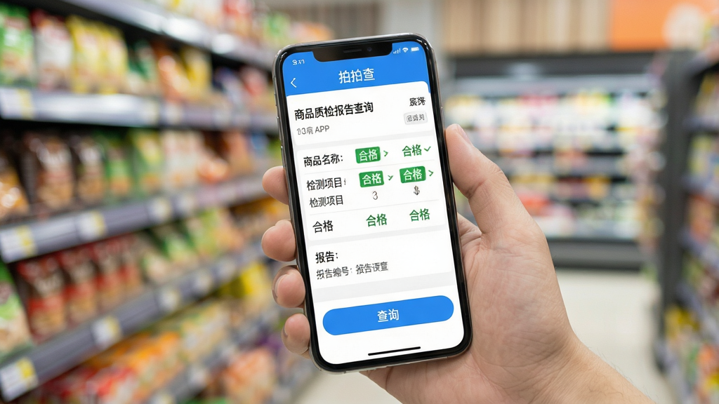 一张展示商品质检报告查询功能的图片,画面中一只手拿着手机,手机屏幕上显示拍拍查APP的质检报告查询结果页面,页面包含商品名称、检测项目、合格标识和报告编号等信息,背景为超市货架虚化场景,风格为写实摄影风,细节包括清晰的文字信息、绿色合格标签和蓝色查询按钮,画质高清、画面干净、无多余元素