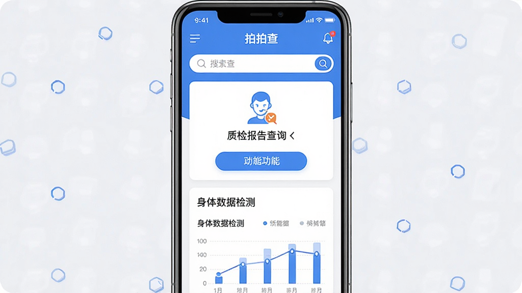 一张手机应用界面截图风格的图片,画面中央展示拍拍查APP的主页面,包含质检报告查询入口和身体数据检测板块,采用蓝色与白色为主色调的简洁扁平化设计,手机屏幕内显示搜索框、功能按钮和数据图表,整体布局清晰、排版整齐,风格为现代科技感UI设计,细节包括图标、文字标签和卡片式模块,画质高清、画面干净、无多余元素