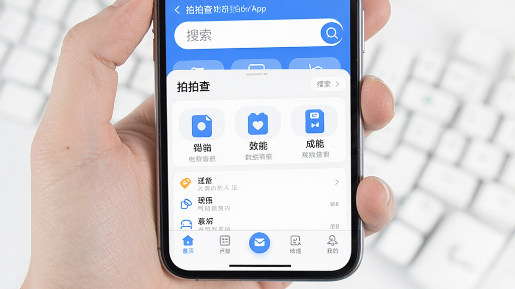一张展示拍拍查APP操作界面的图片,画面中手机屏幕显示拍拍查的简洁主页面,包含大号搜索框、功能分类图标和底部导航栏,界面采用白色背景搭配蓝色点缀,风格为极简扁平化UI设计,细节包括圆角按钮、清晰图标和友好提示文字,画质高清、画面干净、无多余元素