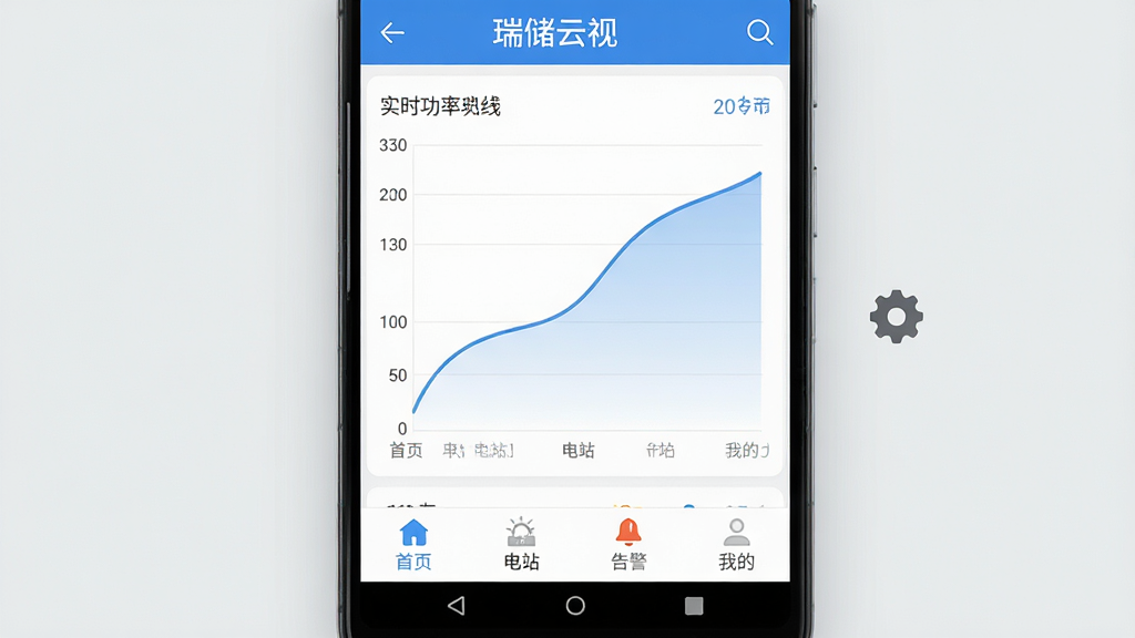 一张展示瑞储云视在手机上运行流畅界面的AI生图,主体为一部安卓手机,屏幕显示瑞储云视APP的实时功率曲线图,曲线平滑上升,界面底部有“首页”“电站”“告警”“我的”四个导航图标,布局居中,排版干净,风格为现代扁平化UI,细节上手机旁边有一个小齿轮图标代表设置优化,背景为极简浅灰色,画质高清,干净,无多余元素
