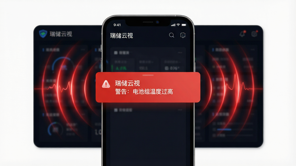 一张展示瑞储云视智能告警推送功能的AI生图,主体为一部手机屏幕弹出红色告警通知卡片,卡片上显示“瑞储云视 警告:电池组温度过高”,背景为深色科技感界面,布局上手机居中,周围有向外扩散的红色脉冲波纹表示告警信号,排版简洁,风格为现代UI设计,细节上波纹带有发光效果,画质高清,干净,无多余元素