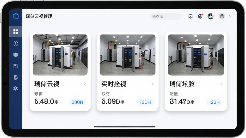 一张展示瑞储云视多设备集中管理功能的AI生图,主体为一部平板电脑,屏幕显示瑞储云视APP的多设备管理界面,界面上以卡片形式并列展示三个不同储能站点的缩略图和实时功率数据,布局整齐,排版清晰,风格为商务科技风,细节上卡片带有轻微的阴影和圆角,背景为干净的白色,画质高清,干净,无多余元素