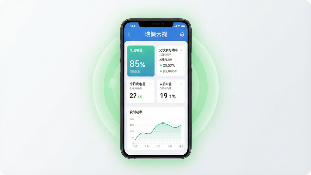 一张展示瑞储云视软件核心全貌的图片,主体为一部智能手机,屏幕显示瑞储云视APP的储能监控主界面,界面包含电池电量百分比、光伏发电功率、今日发电量、实时功率曲线图等数据卡片,布局清晰,排版简洁,风格为现代科技感扁平化设计,细节上手机周围环绕着淡淡的绿色光晕,象征新能源,背景为干净的浅灰白色渐变,画质高清,干净,无多余元素