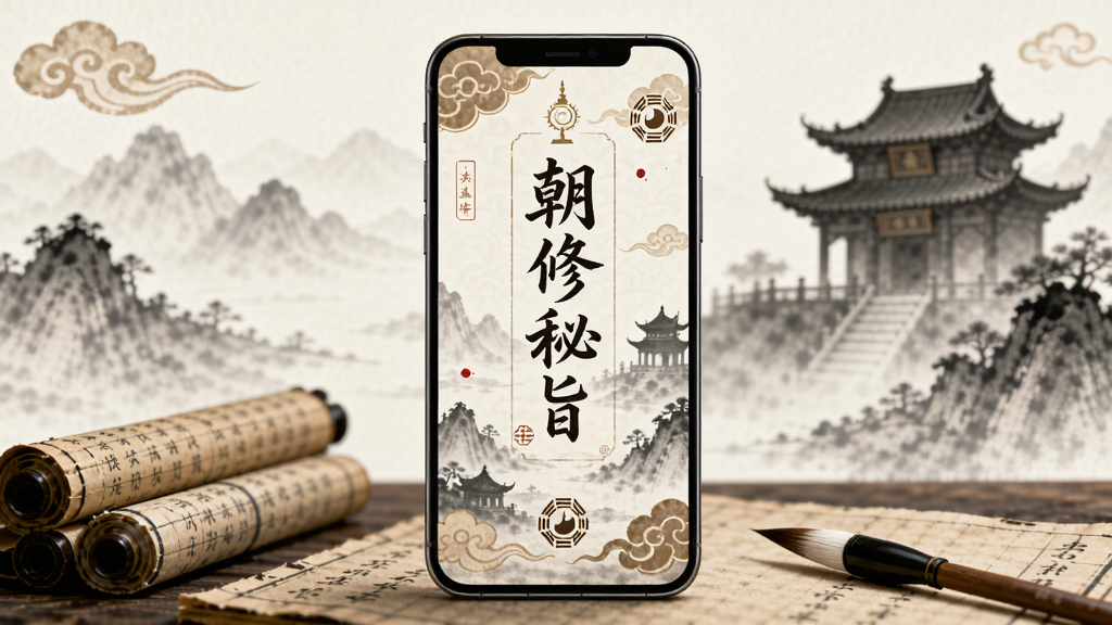 画面中央放置一部智能手机,手机屏幕显示“朝修秘旨”应用界面,界面以古风道教元素装饰,背景为淡雅的水墨山水与道观剪影,整体采用竖版构图,手机下方摆放几卷古籍与一支毛笔,风格为中国传统水墨风,细节包括祥云纹样与八卦符号点缀,画质清晰,干净,无多余元素