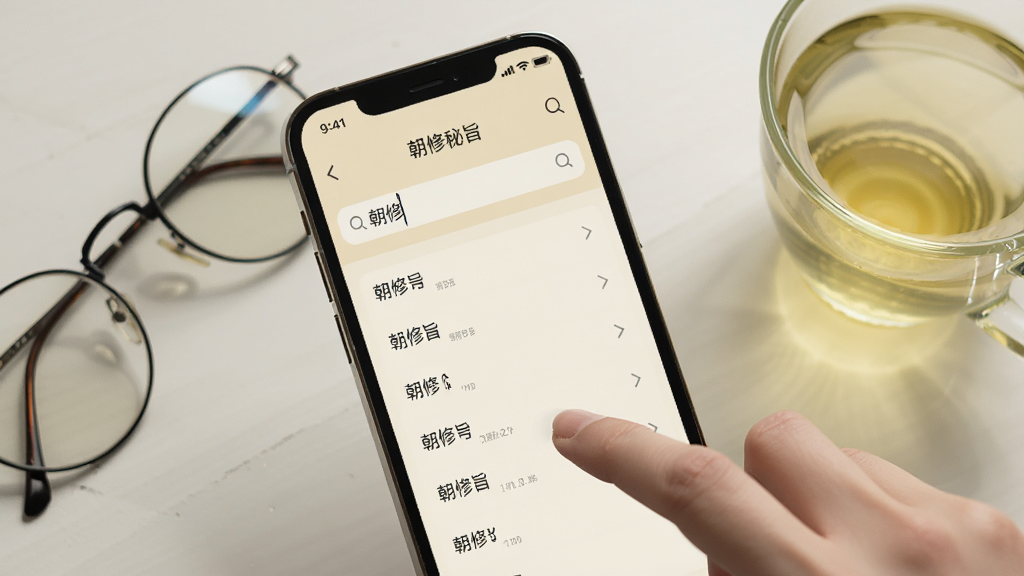 画面为手机屏幕特写,屏幕上显示“朝修秘旨”的搜索界面,搜索框内输入“朝修”二字,下方列出多条相关结果条目,背景为柔和的米黄色,手机旁边放着一副圆框眼镜与一杯清茶,风格为简约生活化场景,细节包括手指轻触屏幕的动作,画质清晰,干净,无多余元素
