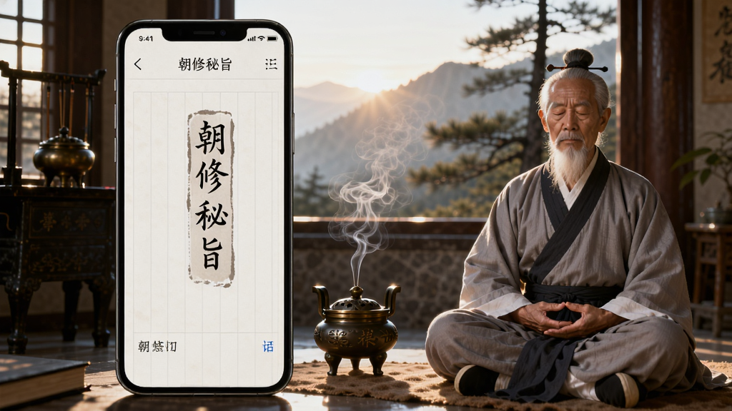 画面为手机屏幕显示“朝修秘旨”阅读界面,屏幕旁边有一位身着道袍的老者正在闭目打坐,背景为清晨的山间道观,光线柔和,布局为左侧手机右侧人物,风格为写实中国风,细节包括香炉升起的轻烟与窗外的松树,画质清晰,干净,无多余元素