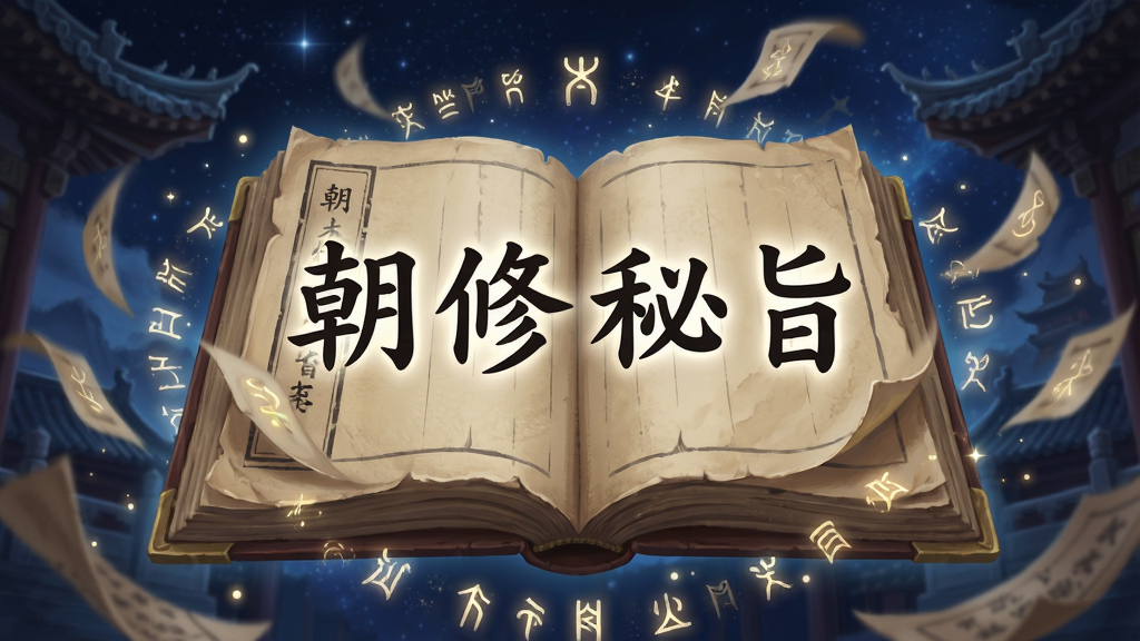 画面主体为一本展开的古老道教典籍,书页上浮现出“朝修秘旨”四个大字,书本周围环绕着发光的文字与符文,背景为深蓝色星空与隐约的道观屋檐,布局采用居中对称,风格为神秘古风插画,细节包括飘动的书页与微光粒子,画质细腻,干净,无多余元素
