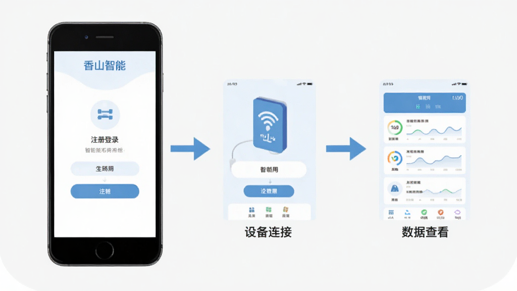 香山智能APP使用操作流程图,手机屏幕展示从注册登录到设备连接再到数据查看的完整步骤,每一步用箭头连接,界面标注
